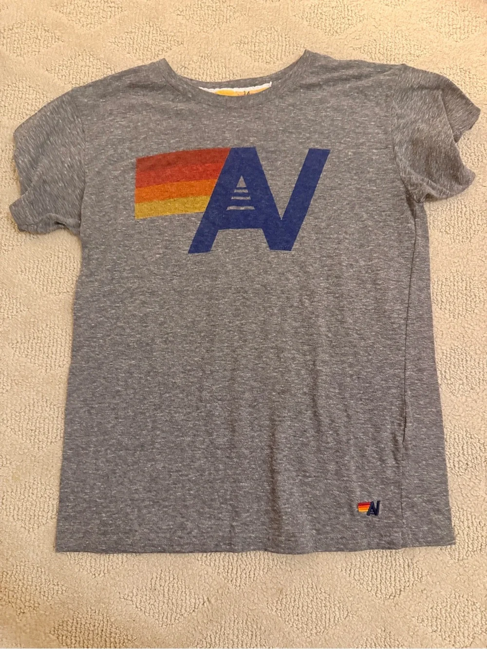 Aviator Nation Grey Tee with Blue Logo and Red-Orange-Yellow Stripe